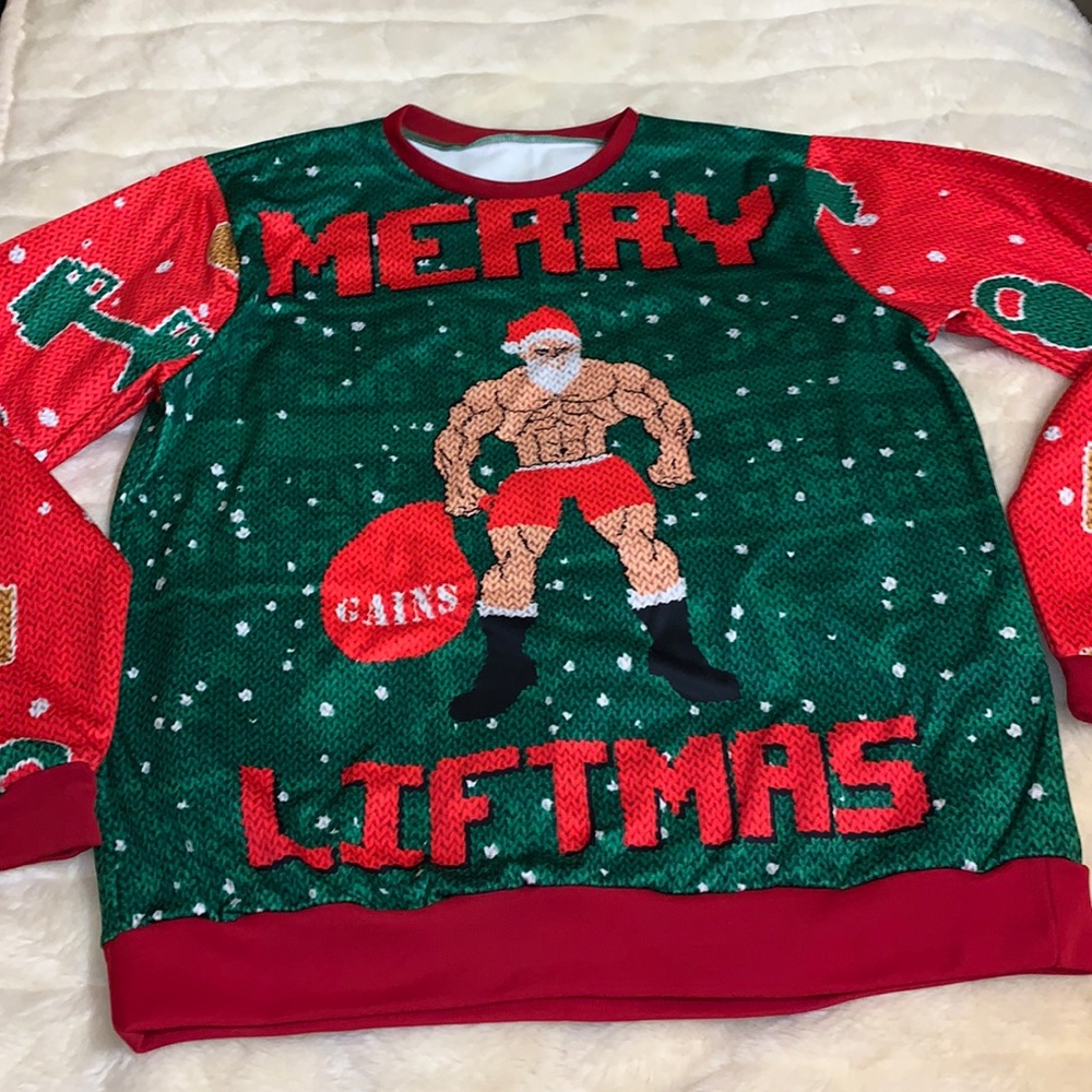 Body builder weight lifter Santa novelty FUNNY Christmas pullover shirt top XL